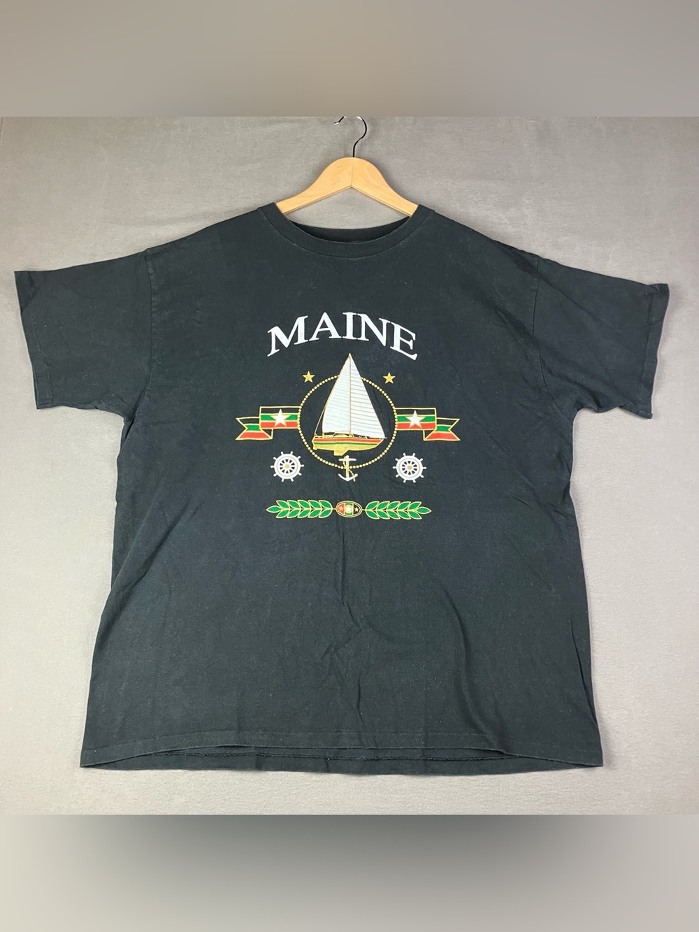 Vintage Maine Graphic T Shirt Short Sleeve Size XL Black Sailboat Nautical. In g